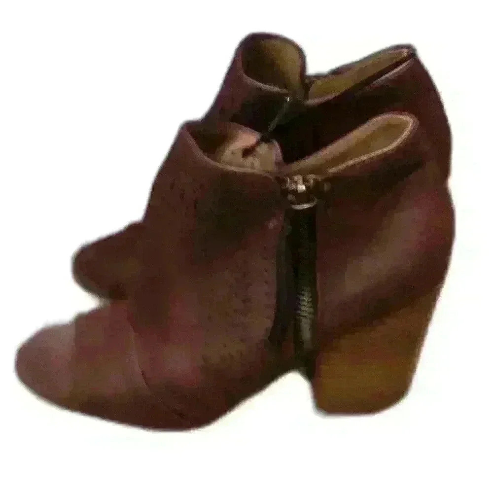 Cocci Burgundy Faux Leather Peep Toe Booties Perforated Laser Cut Block Heel